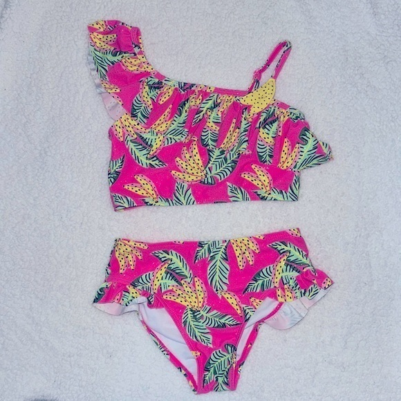 Betsey Johnson Little Girls Size 10 Hot Pink Banana Ruffled 2 PC Swim Suit NWOT - Picture 1 of 7